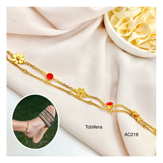 AC218 - TOBILLERA FLOR PIEDRA ROJA ACERO