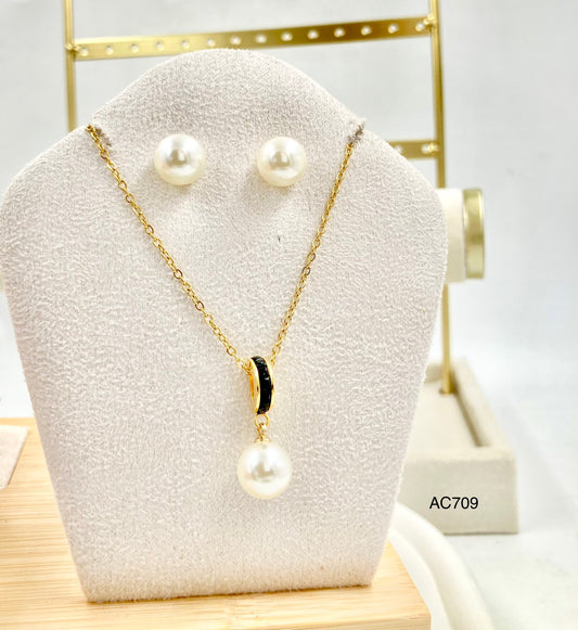 AC709 - JUEGO ACERO PERLAS PIEDRA NEGRA