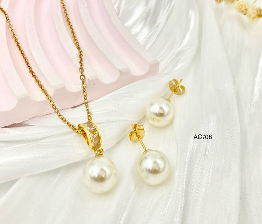 AC708 - JUEGO ACERO PERLAS PIEDRA BLANCA