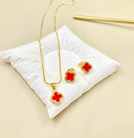 RA4486- JUEGO RODIO VAN CLEEF ROJO CON CIRCONES